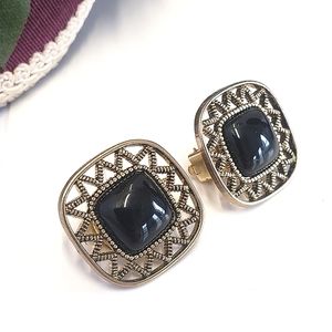 Vintage Antiqued Gold & Black Stone Lucite Statement Clip-on Earrings